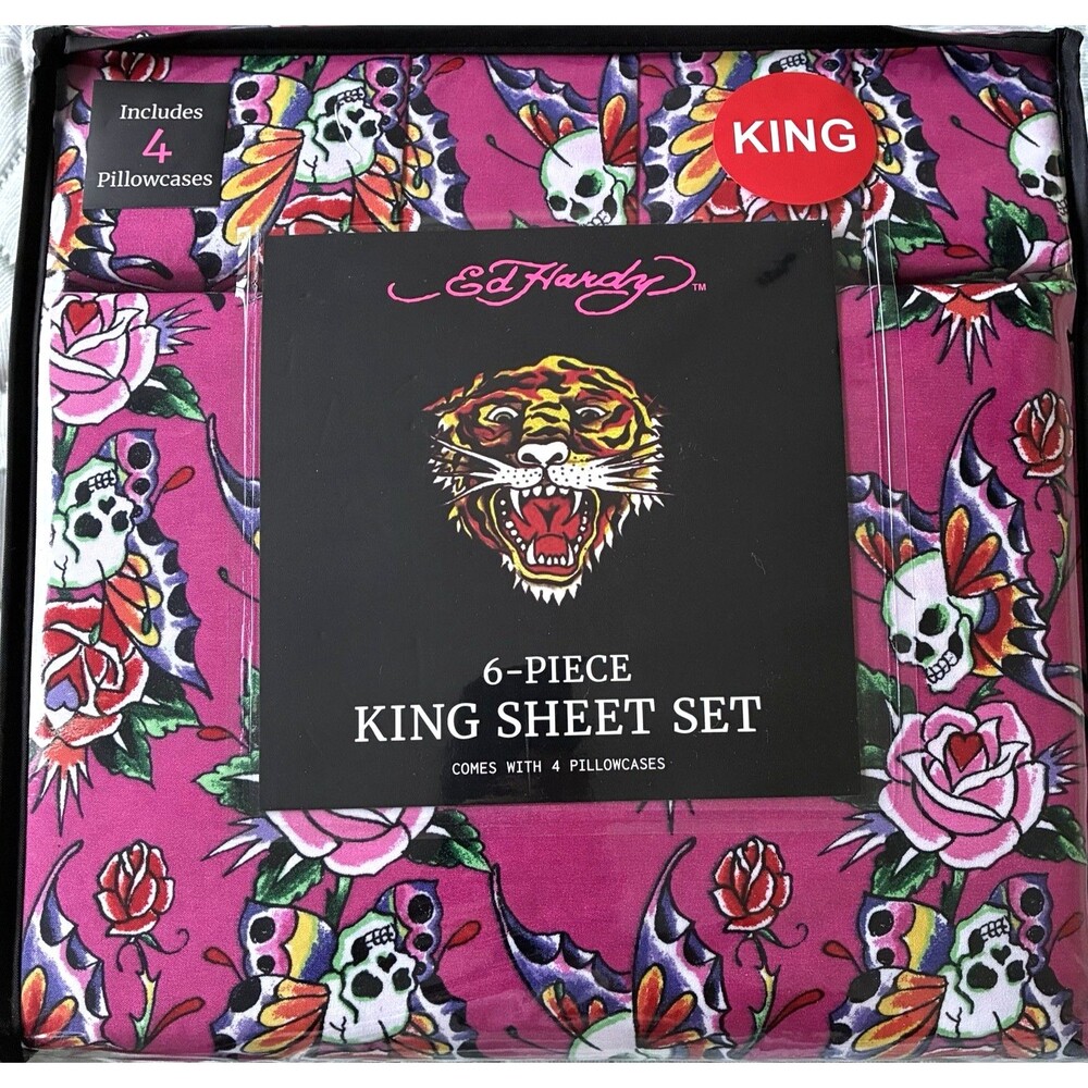Ed Hardy King Sheet Set Pink Skull Rose Butterfly 6 Piece 4 Pillowcases New